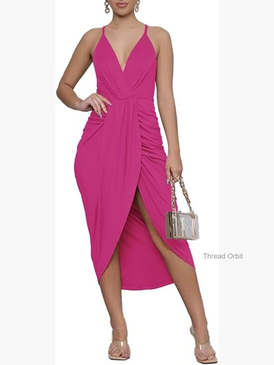 Dresses & Skirts - Wrap V-Neck Spaghetti Strap Midi Bodycon Dress, Ruched Slit Hem